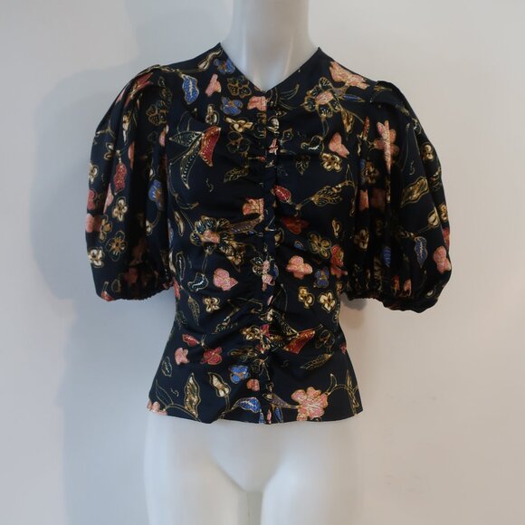 Womens Ulla Johnson 100% Silk Black, Multi Design Shirred Short Sleeve Top XS - Picture 1 of 10